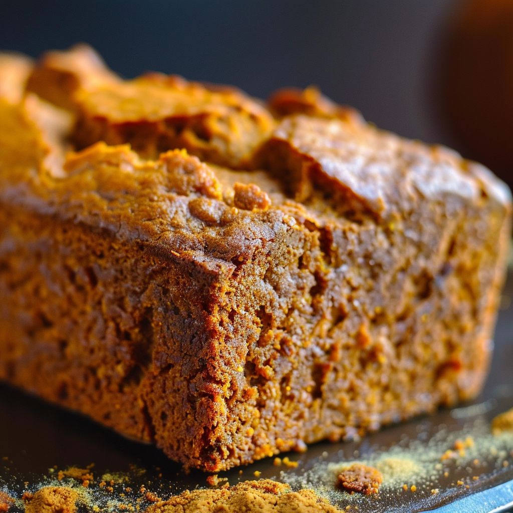 A freshly baked pumpkin bread loaf on a wooden cutting board, surrounded by pumpkin seeds and spices.