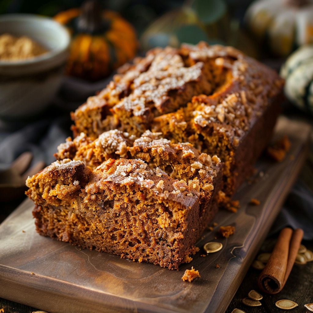 A beautifully baked loaf of pumpkin bread on a wooden cutting board, with slices slightly fanned out.