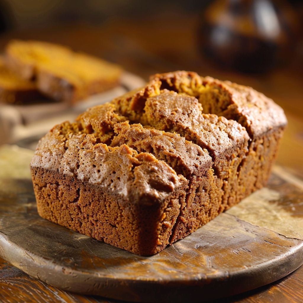 A slice of moist pumpkin bread topped with a brown sugar pecan crumble, displayed on a wooden board.