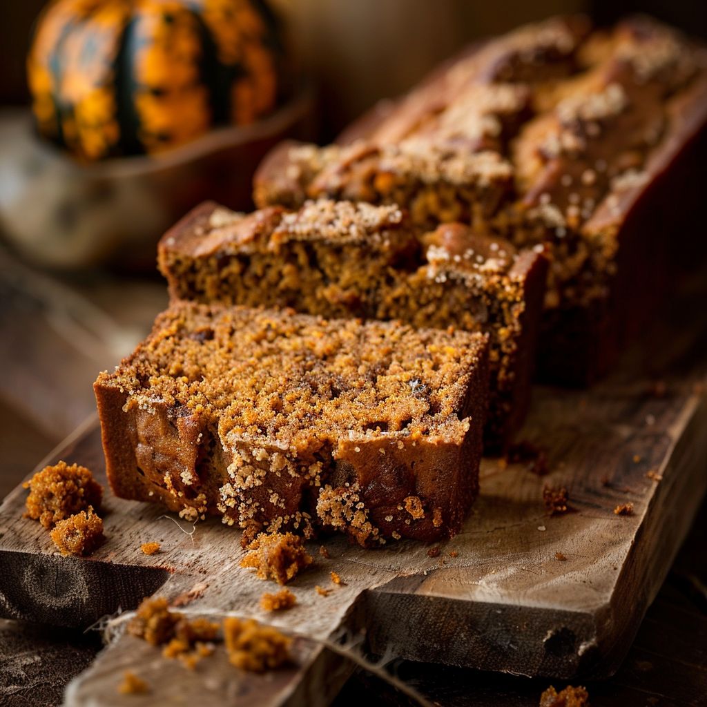 A slice of rich brown butter pumpkin bread with a glossy salted maple glaze, placed on a wooden cutting board.