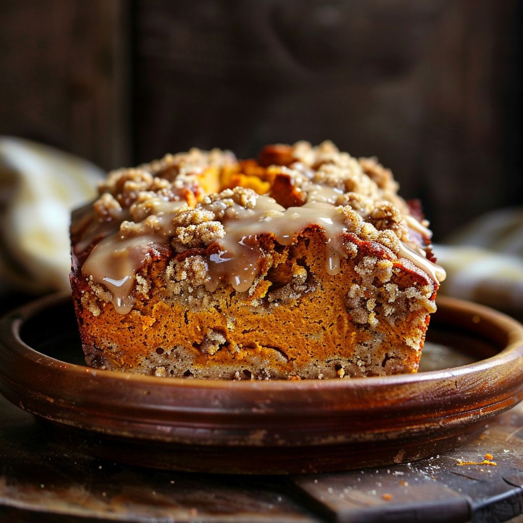 A slice of Maple Glazed Streusel Pumpkin Bread topped with a sweet maple glaze and scattered with streusel crumbs on a wooden cutting board.
