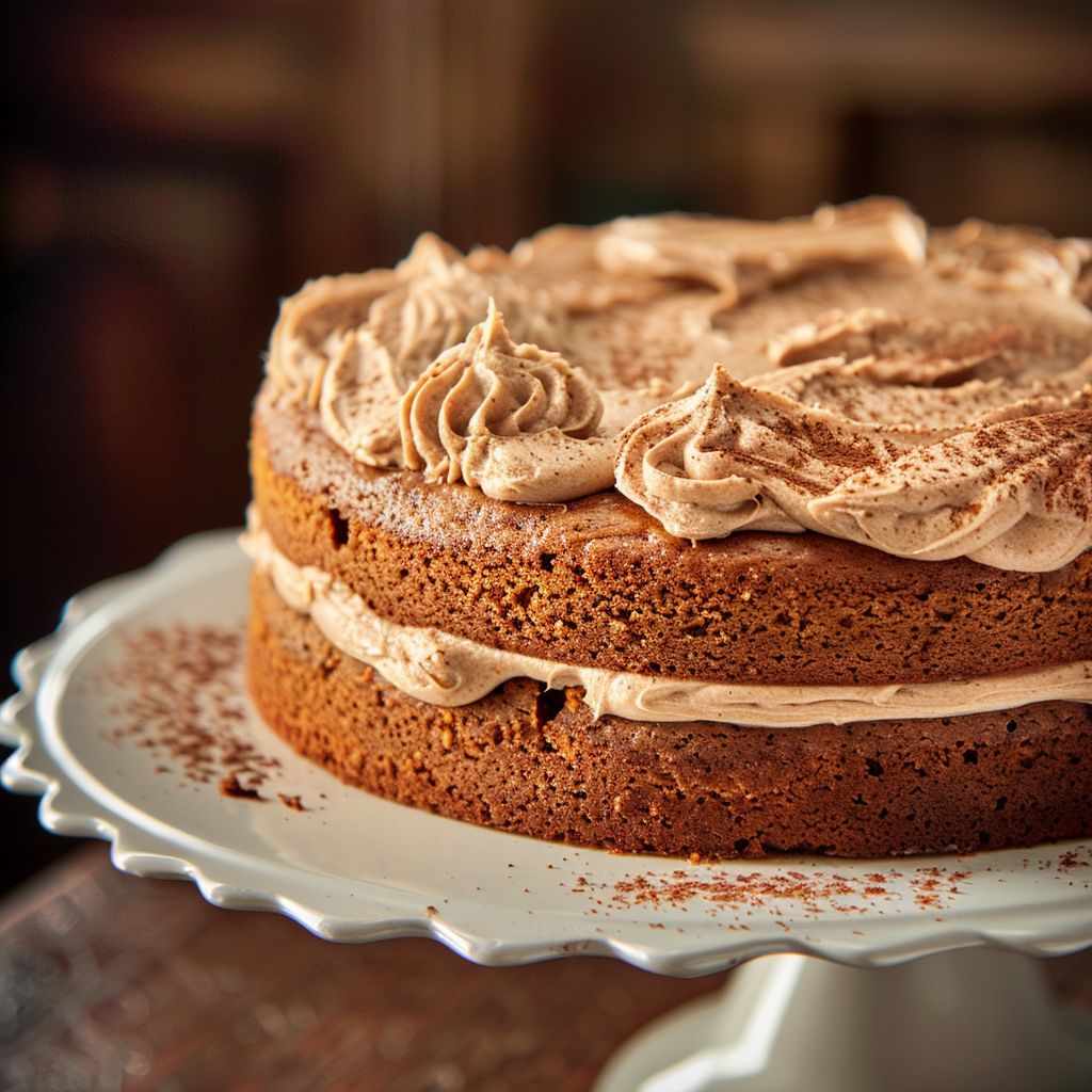 A rich, frosted pumpkin cake with a creamy orange frosting topped with fall spices.