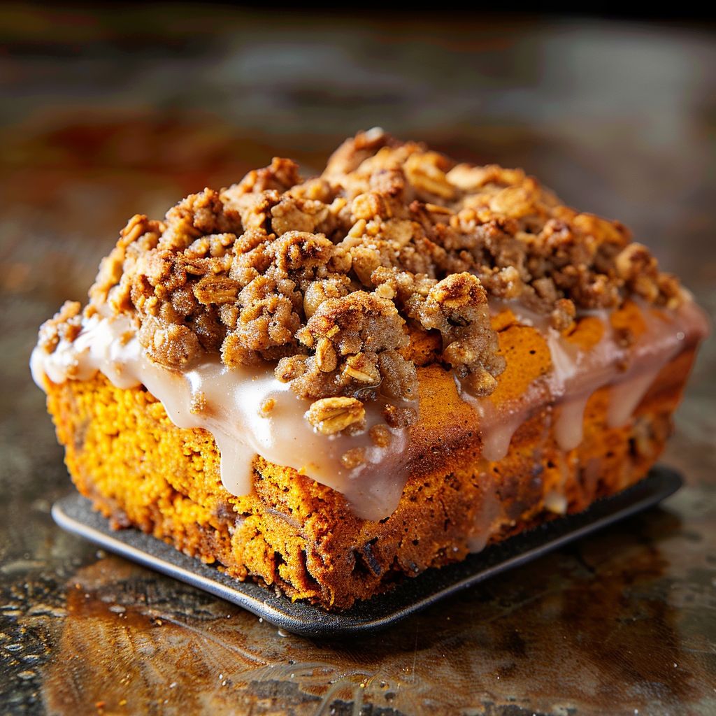 A close-up of freshly baked pumpkin bread topped with a golden brown streusel topping.