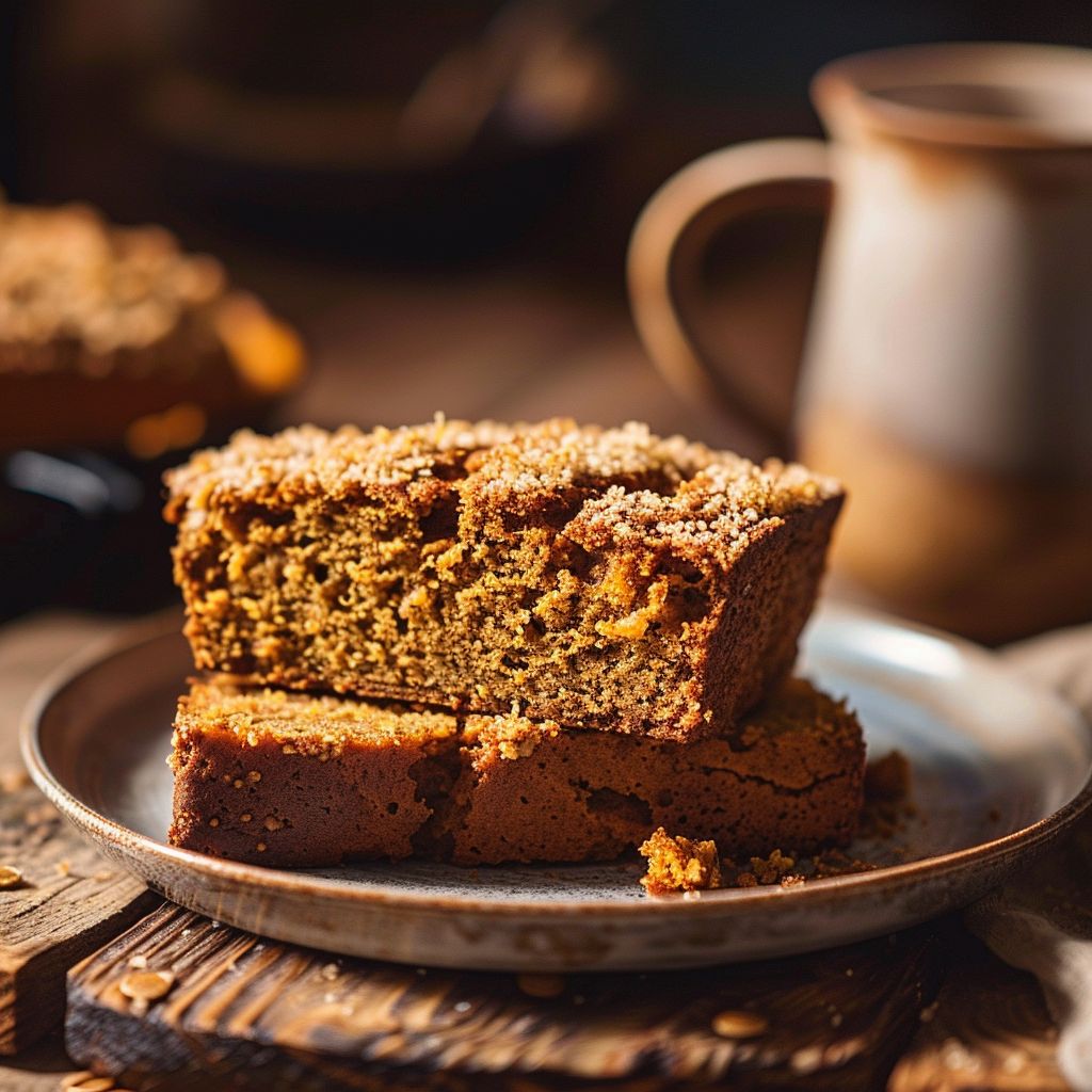 A slice of moist pumpkin bread topped with streusel and drizzled with maple glaze on a wooden table.