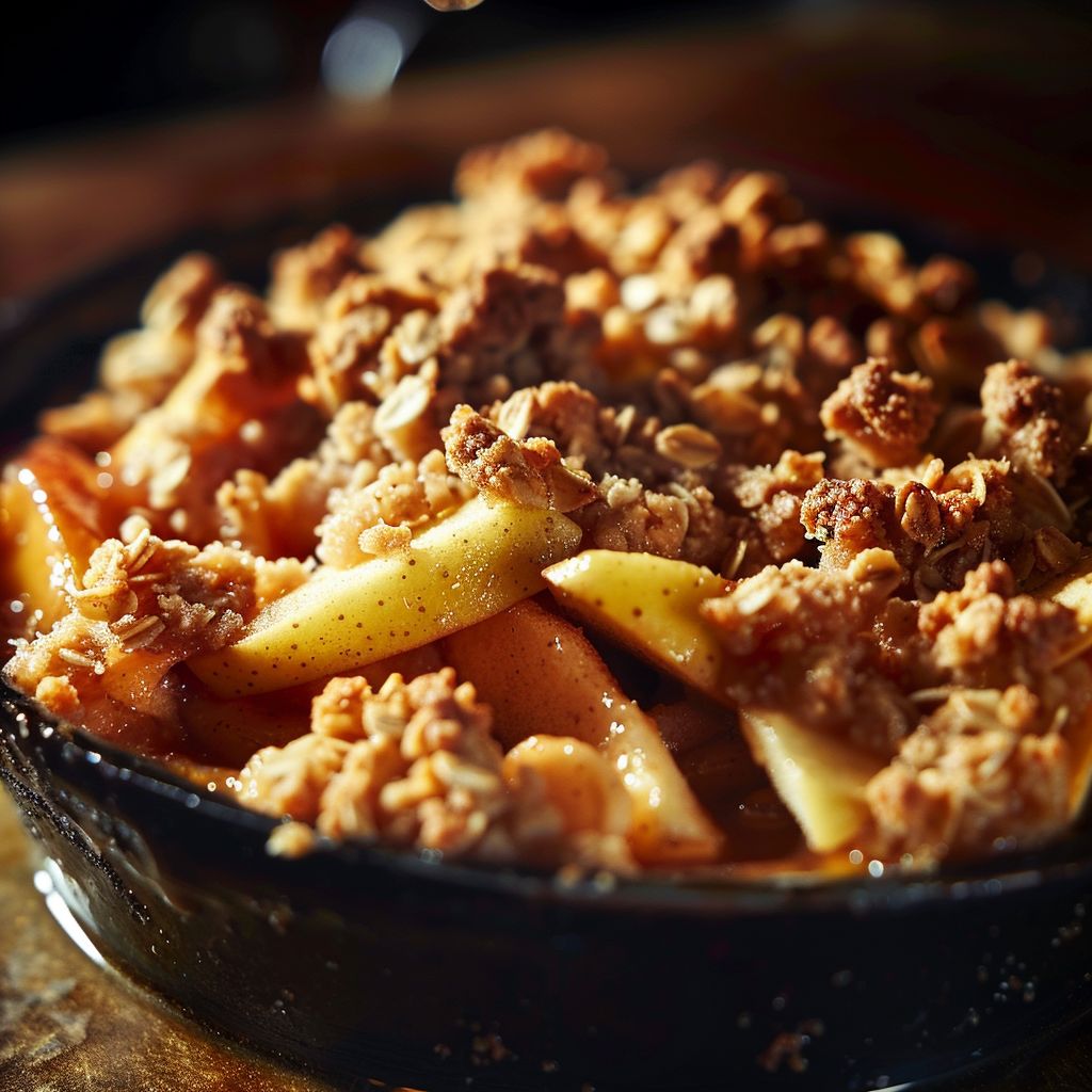 A close-up of a freshly baked apple crisp with a golden-brown topping.