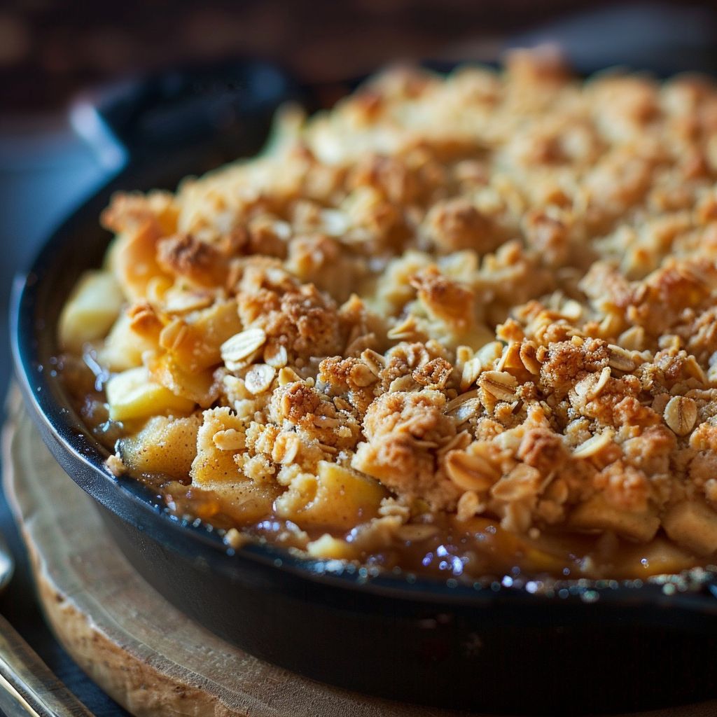 A freshly baked apple crisp with a golden crumble topping, served in a rustic dish.