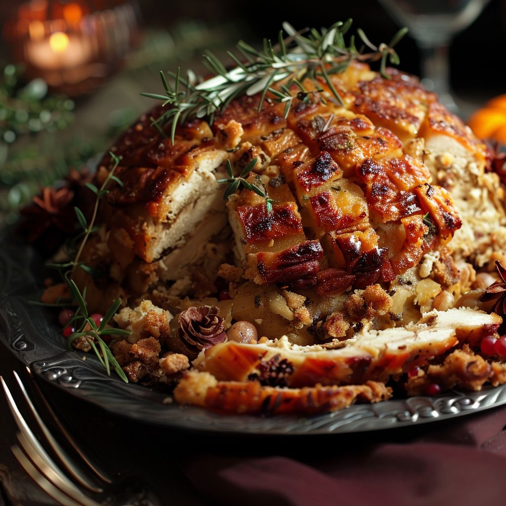A beautifully arranged Thanksgiving dinner featuring roasted turkey, cranberry sauce, and mashed potatoes with a soft focus background.