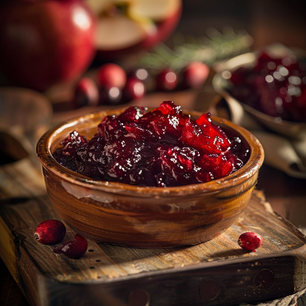 A close-up of a jar filled with vibrant cranberry apple chutney, surrounded by fresh apples and cranberries.