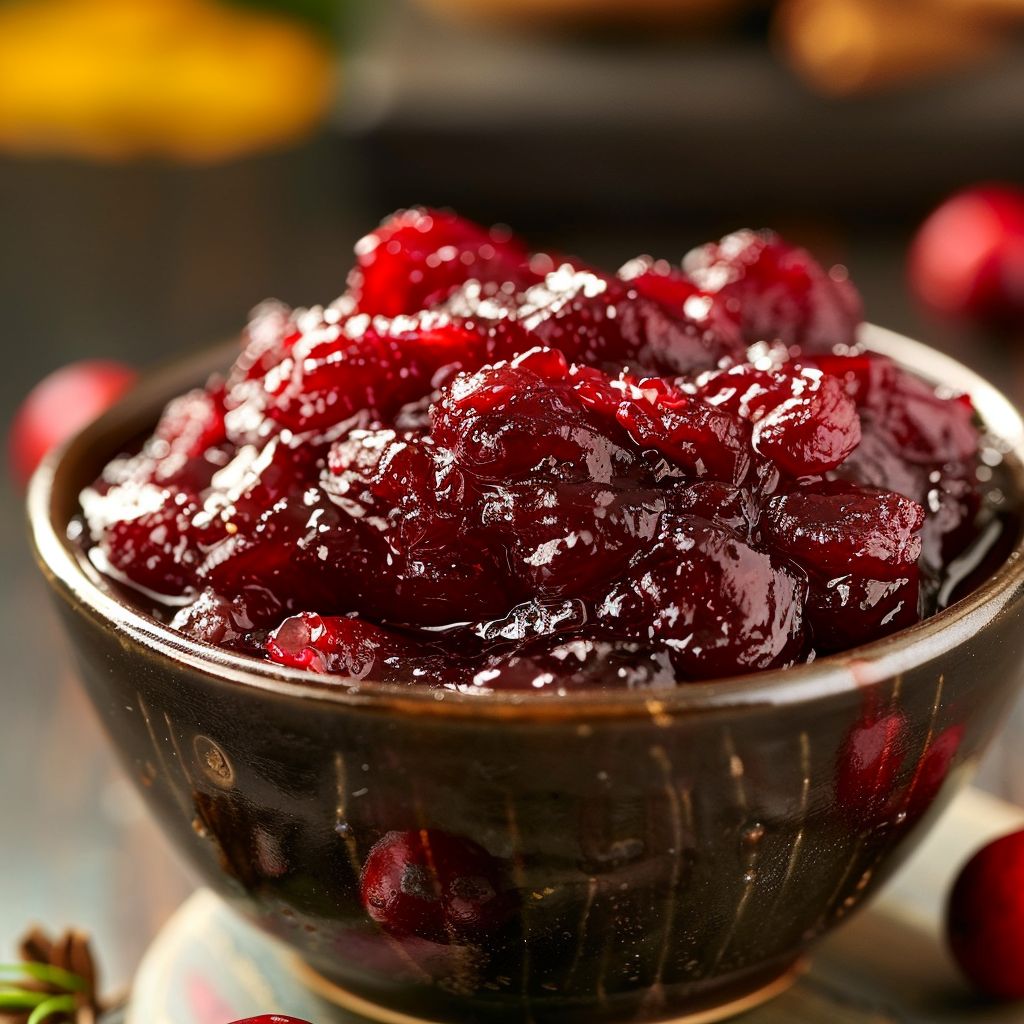 A close-up view of a vibrant red Homemade Cranberry Sauce in a decorative bowl, with a wooden spoon resting beside it.