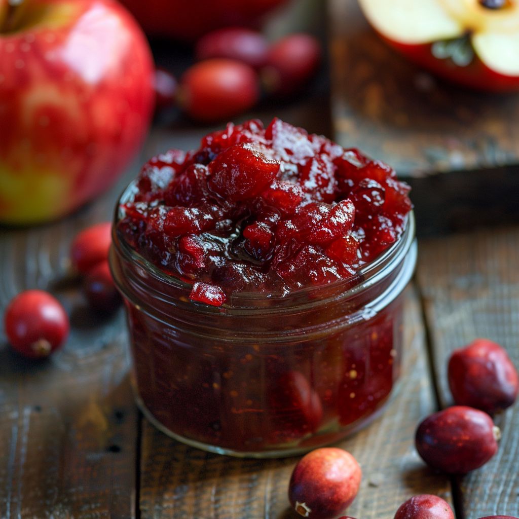 A close-up of vibrant cranberry apple chutney in a rustic bowl, garnished with herbs.
