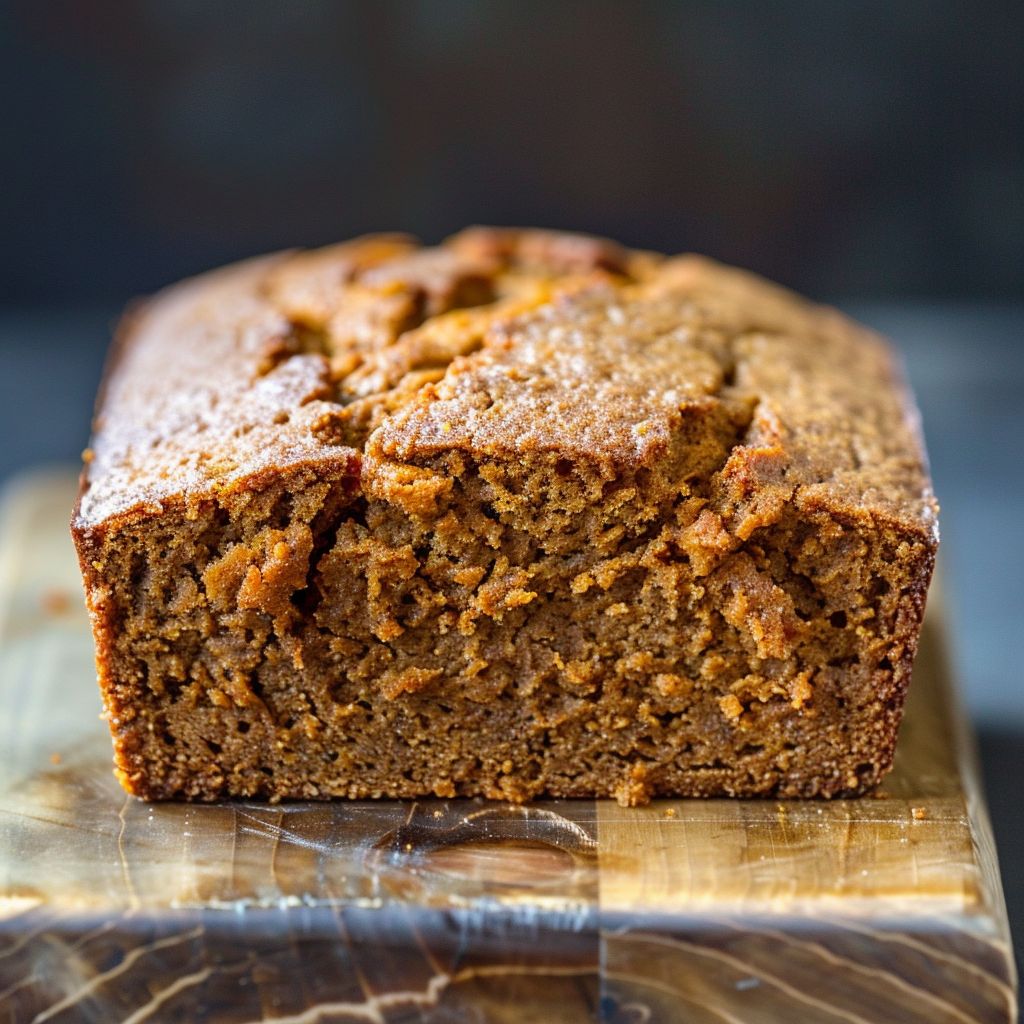 A slice of moist pumpkin bread with a golden-brown crust on a wooden cutting board.