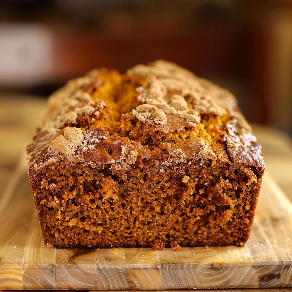 A freshly baked cinnamon pumpkin bread loaf on a wooden cutting board, surrounded by spices.