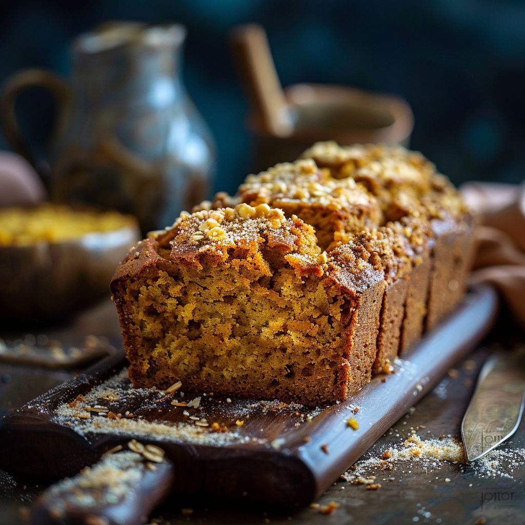 A close-up view of a slice of golden-brown pumpkin bread with a soft texture.
