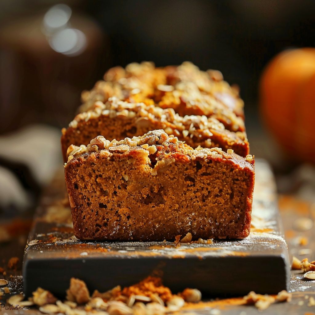 A close-up view of freshly baked pumpkin bread with a golden crust and a soft interior.
