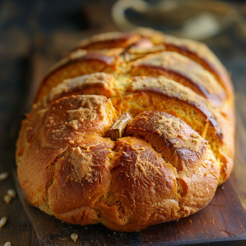 A close-up of pumpkin-shaped bread with a light cream cheese filling, showcasing a golden crust.