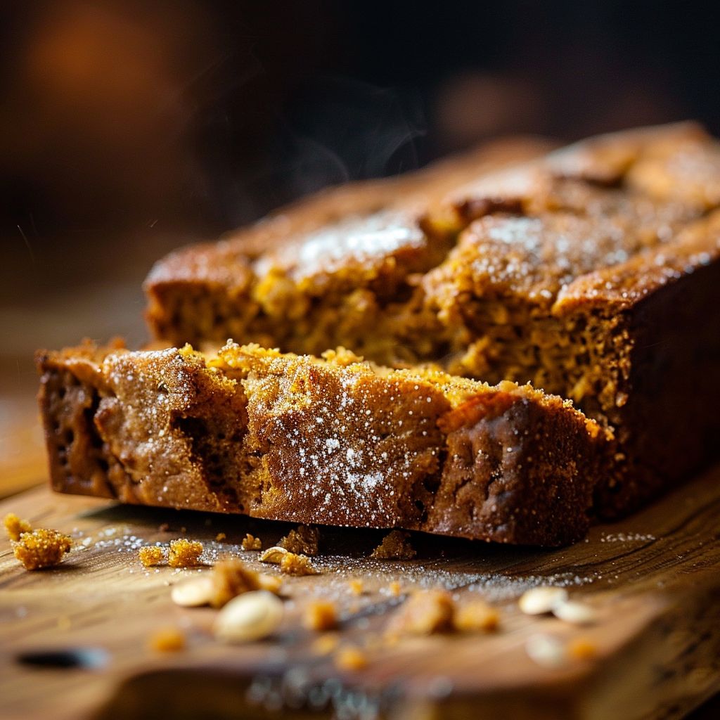 A slice of moist pumpkin bread on a wooden cutting board with a soft focus background.