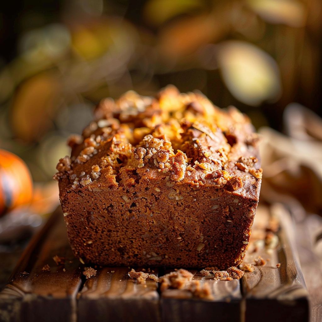 A loaf of moist pumpkin bread sliced, showcasing its soft texture and rich orange color.