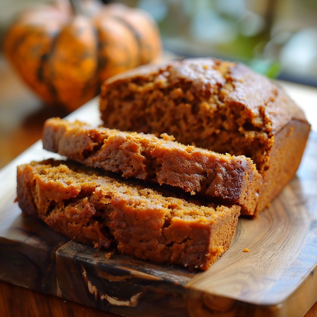 A loaf of golden-brown pumpkin bread with a slice cut out, showcasing its moist texture.