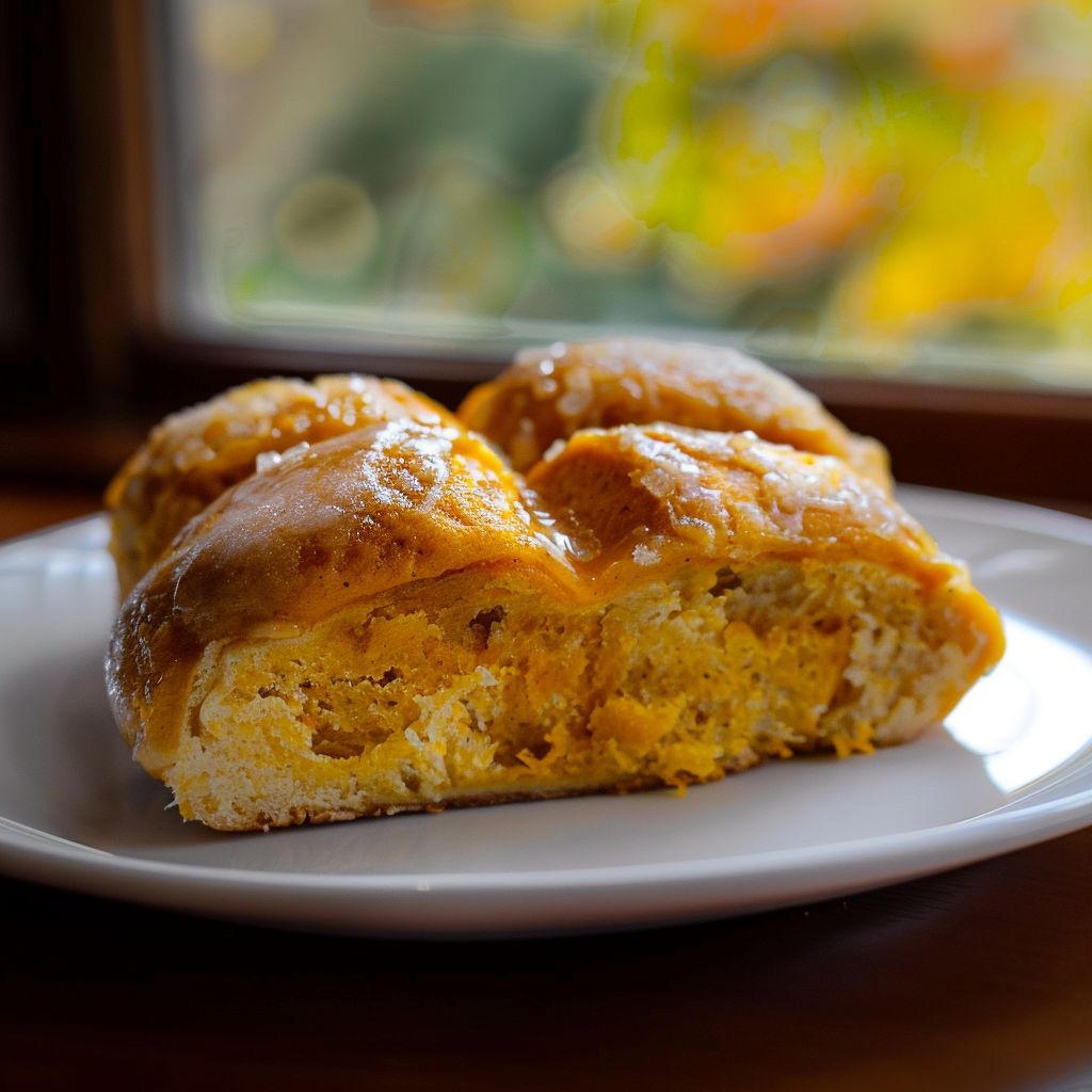 Freshly baked pumpkin bread rolls arranged on a rustic wooden table.