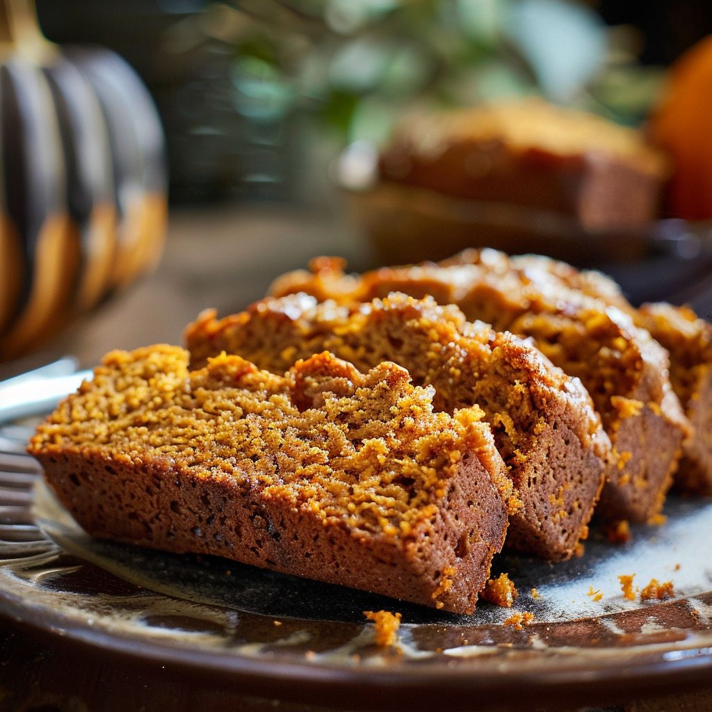 A slice of moist pumpkin bread on a wooden cutting board with a rustic background.