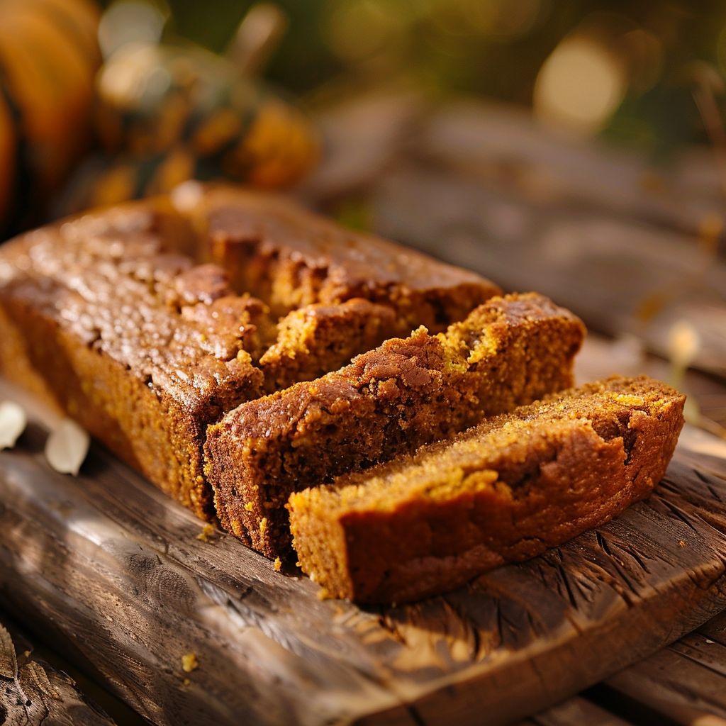 A close-up view of freshly baked pumpkin bread, showcasing its golden crust and soft texture.