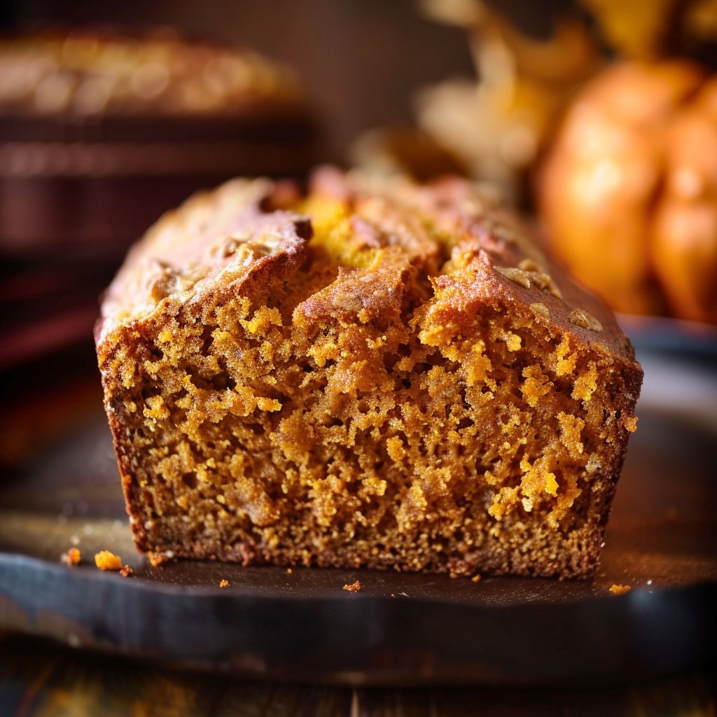 A loaf of Libby's pumpkin bread sliced and displayed on a wooden cutting board.