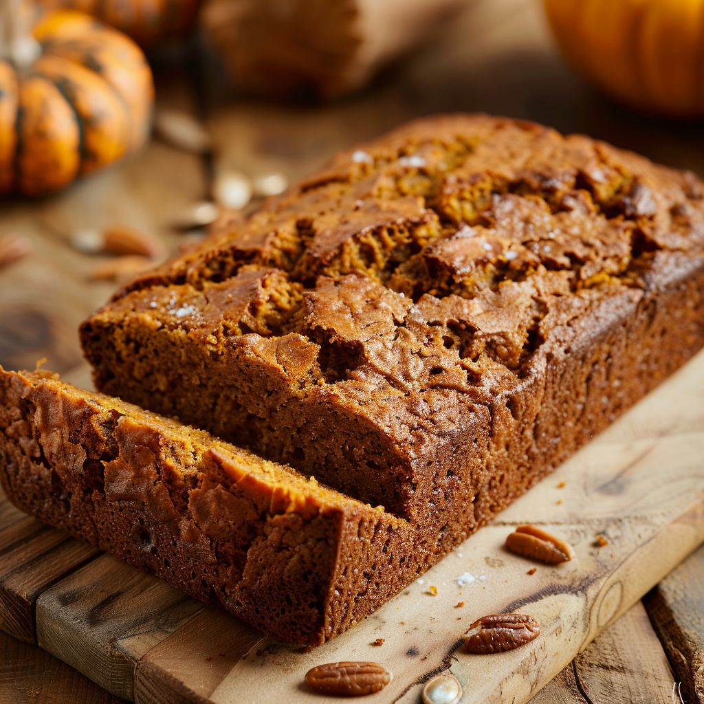 A freshly baked loaf of pumpkin bread resting on a wooden cutting board, with a few slices cut and displayed.