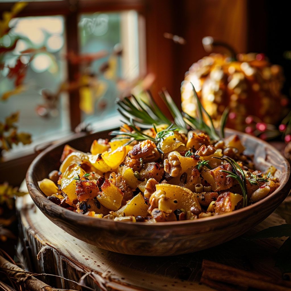 A beautifully styled fall dish featuring roasted vegetables and grains in soft natural light.