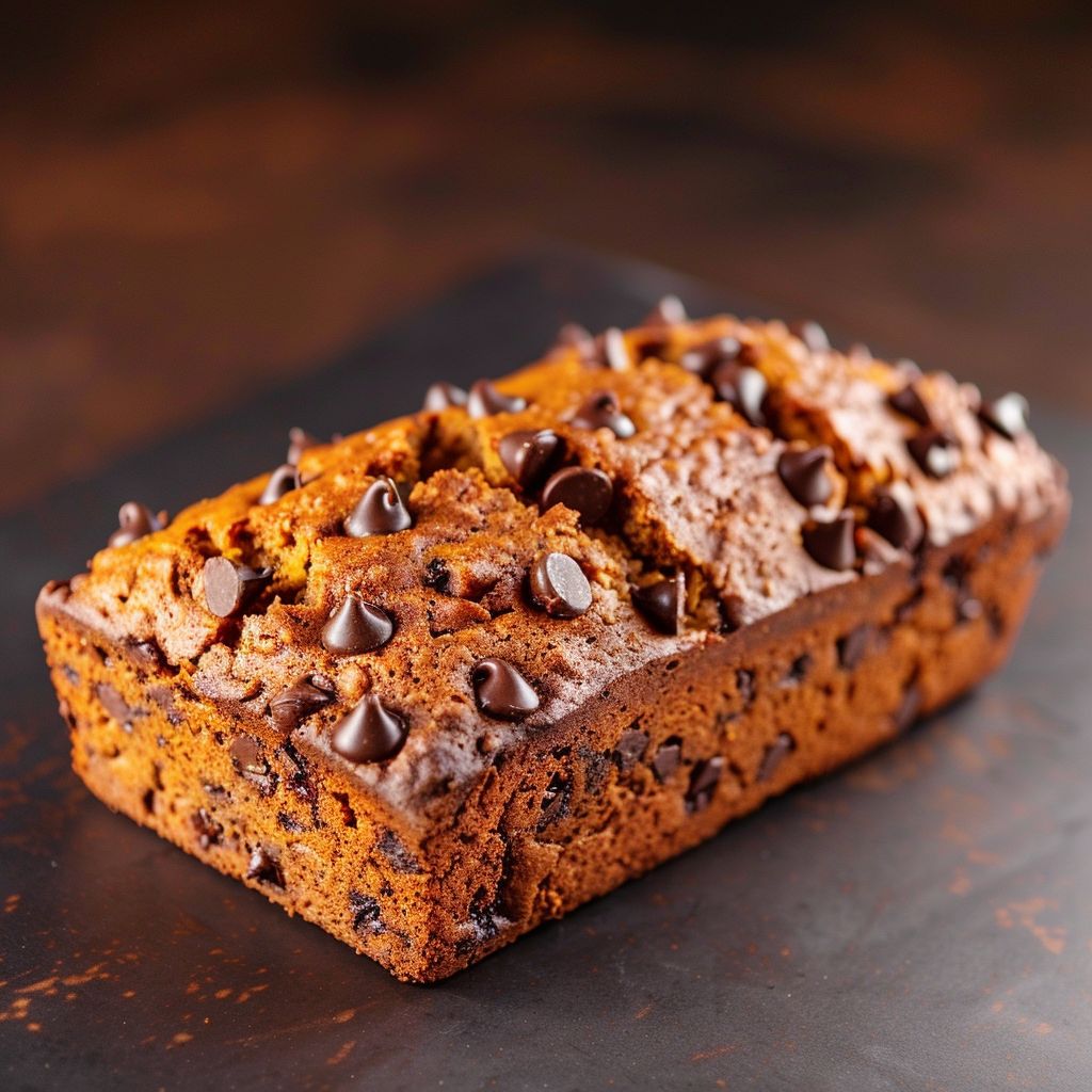 A loaf of freshly baked pumpkin chocolate chip bread on a wooden surface.