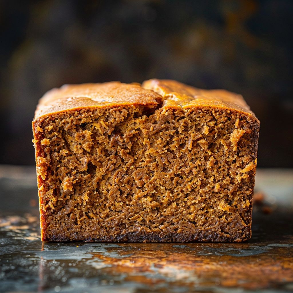 A loaf of Maple Pumpkin Bread topped with a crumbly streusel, placed on a wooden board.