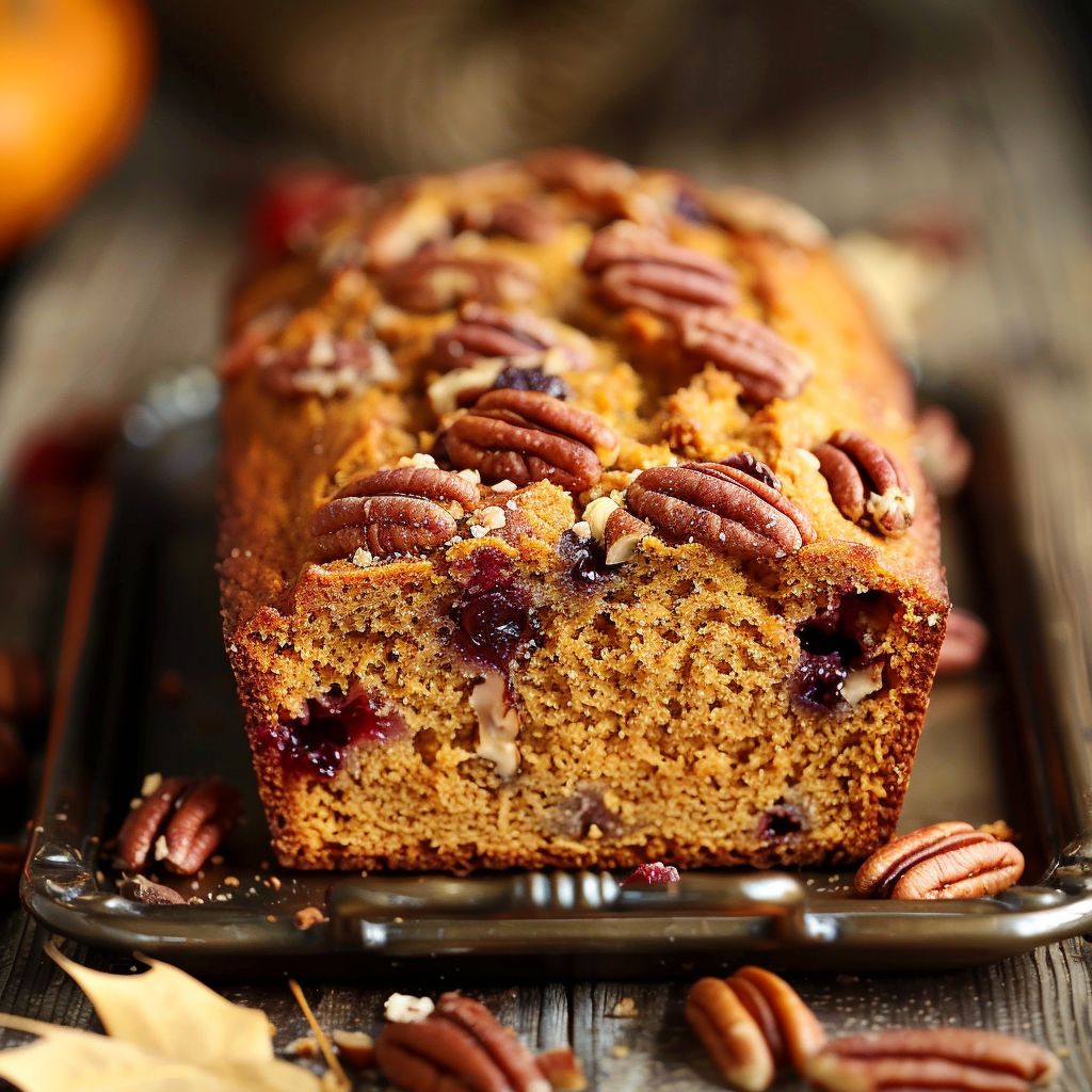 A loaf of Cranberry Pecan Pumpkin Bread with visible cranberries and pecan pieces on a wooden cutting board.