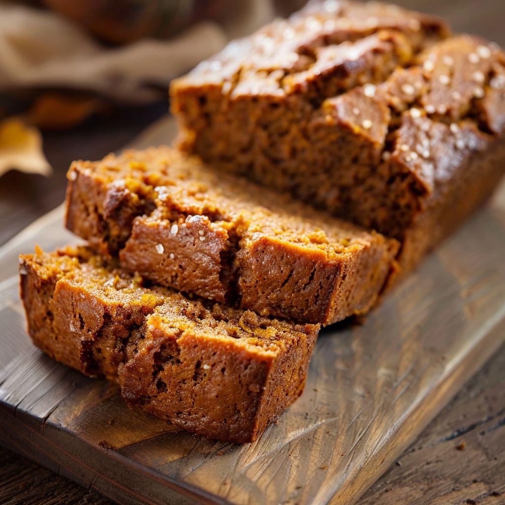 A close-up of a slice of vegan pumpkin bread, showcasing its moist texture and warm color.