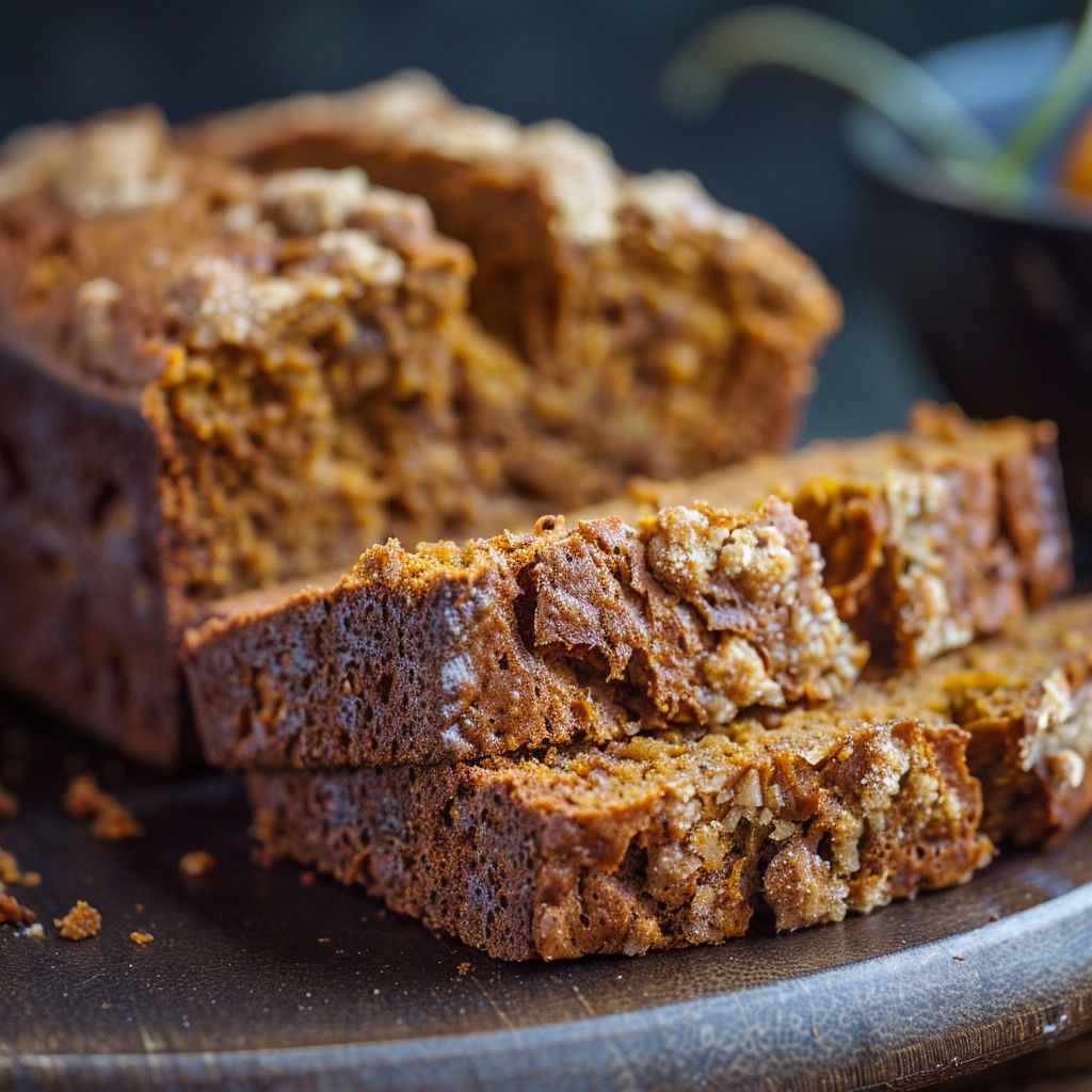 A slice of healthy pumpkin bread on a wooden board with a light background.