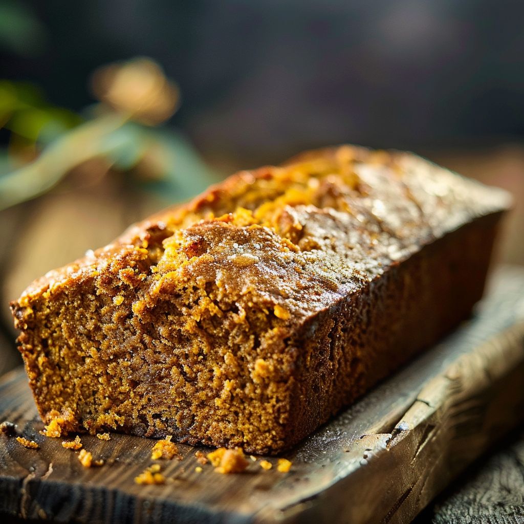A loaf of perfectly baked pumpkin bread with a smooth, golden-brown crust on a wooden cutting board.