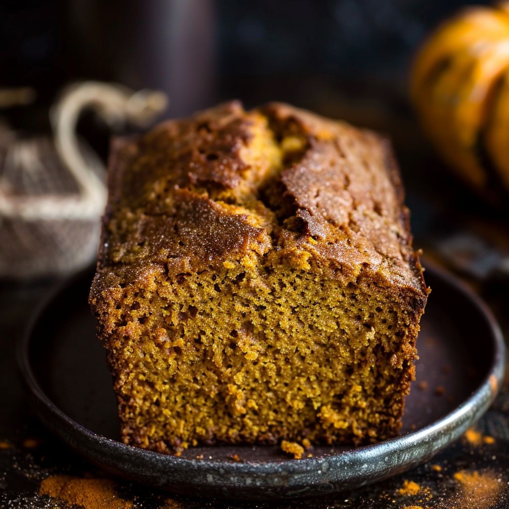 A sliced loaf of spiced pumpkin bread with a moist texture, displayed on a wooden board.