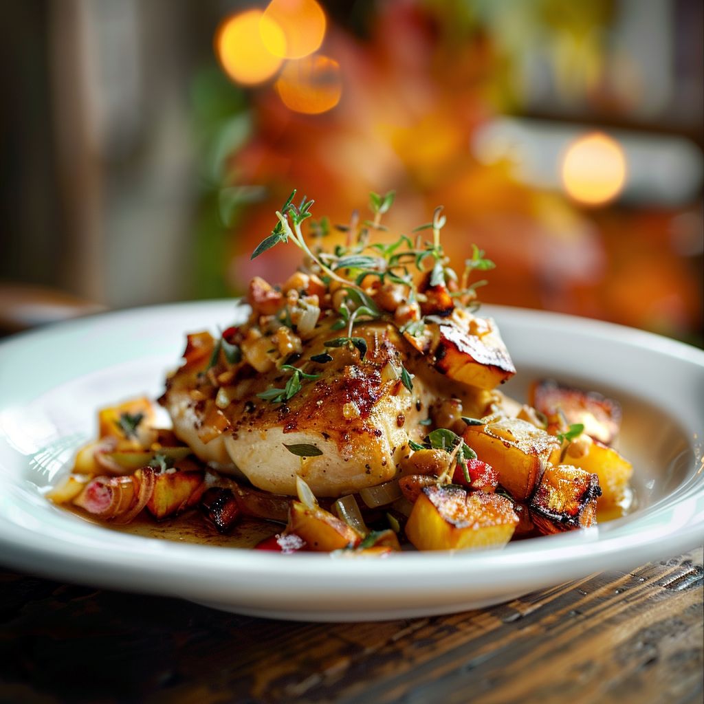 A beautifully arranged autumn-themed dinner table with seasonal dishes and warm lighting.