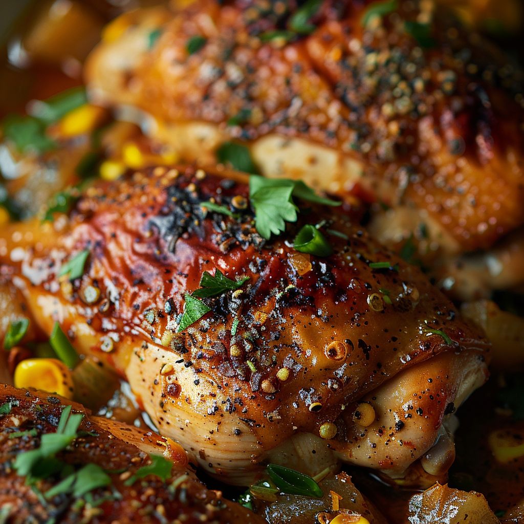 A close-up of a savory chicken dish made in a crockpot, featuring tender chicken pieces and colorful vegetables.