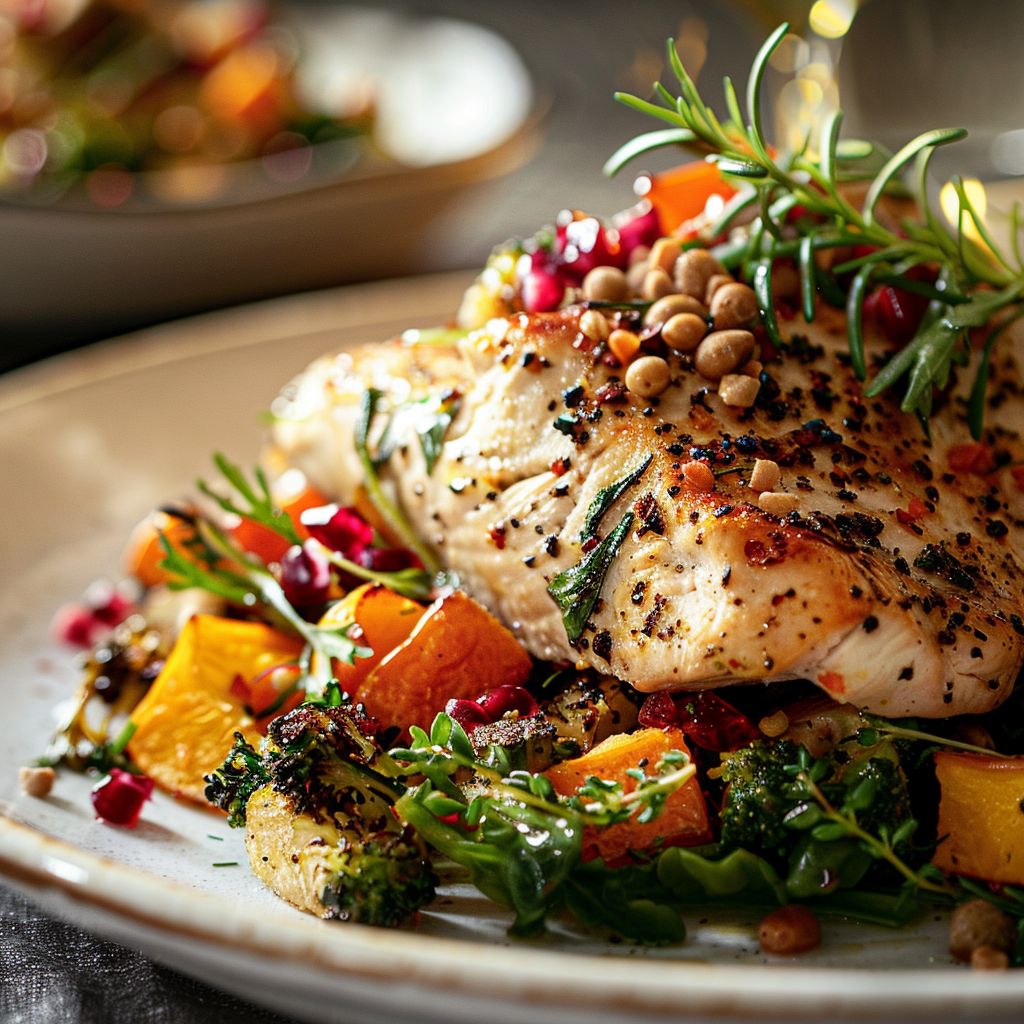 A beautifully plated high-protein fall dinner featuring roasted chicken and vegetables.