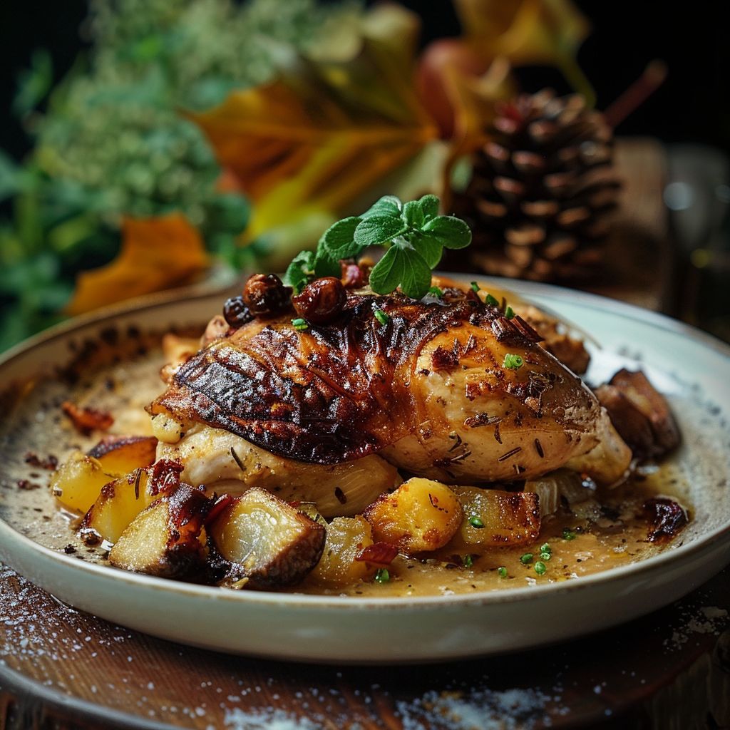 A beautifully arranged plate of roasted chicken surrounded by seasonal vegetables and herbs on a rustic wooden table.