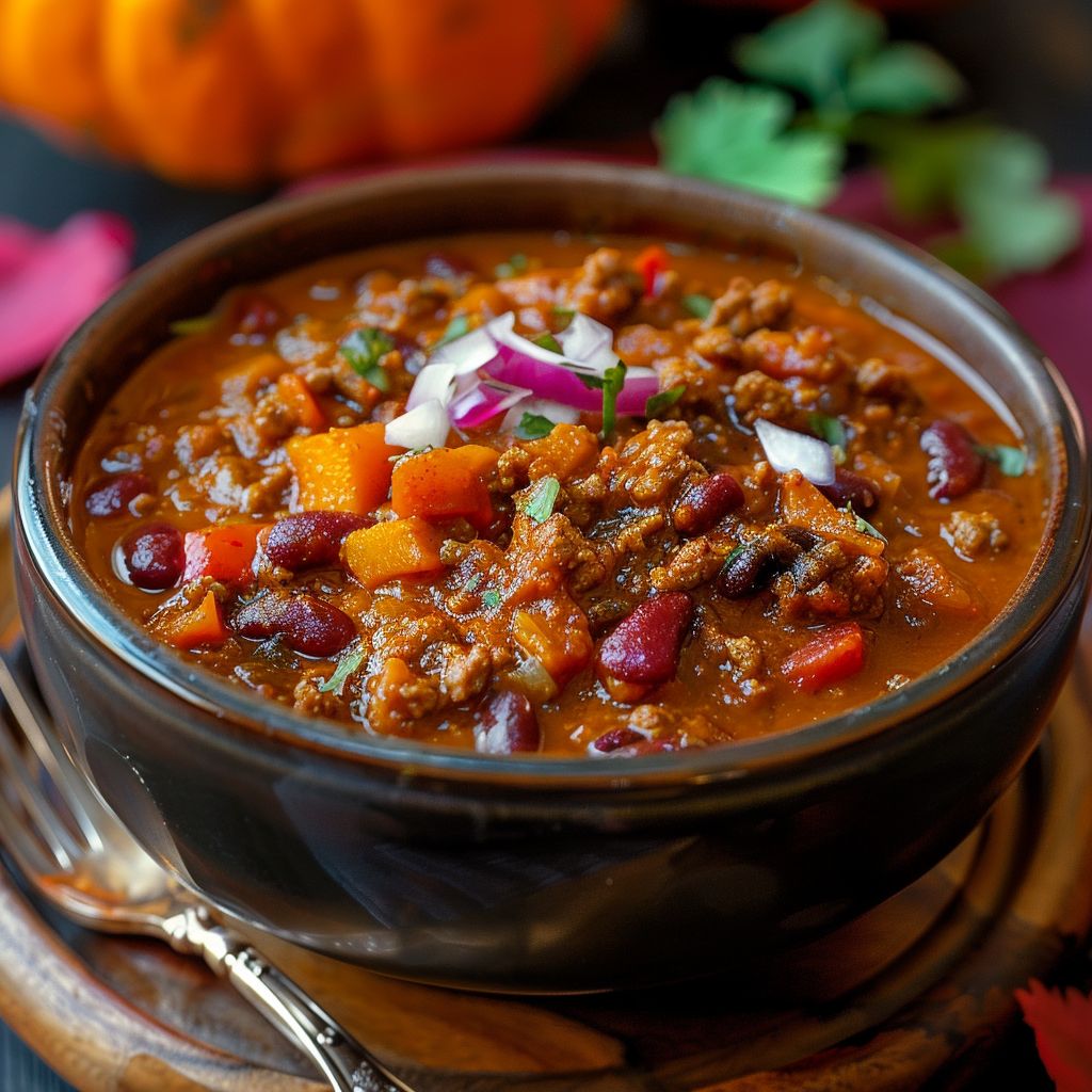 A bowl of vibrant Pumpkin Chili garnished with green herbs, surrounded by ingredients on a wooden table.