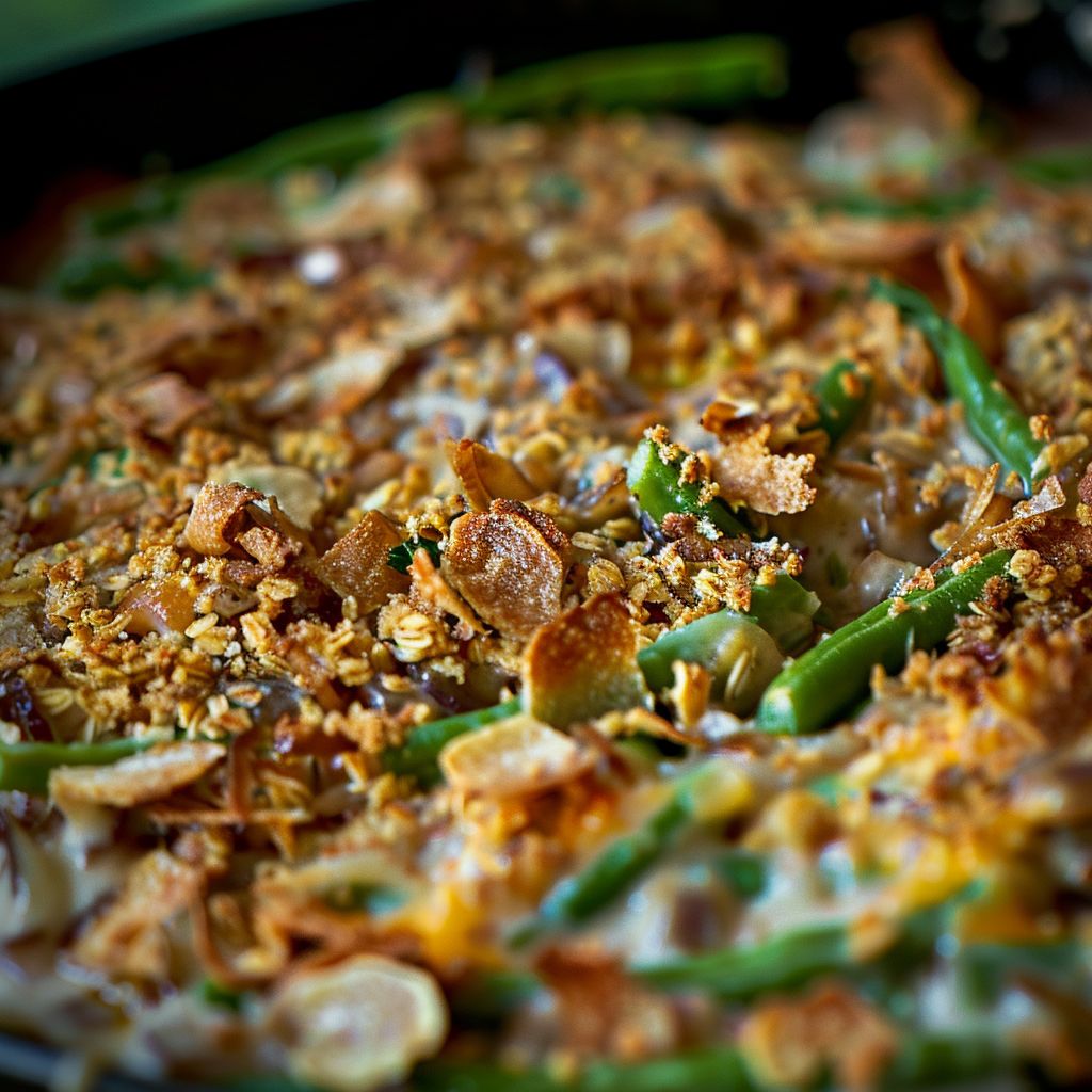 A green bean casserole served in a white baking dish, topped with crispy fried onions.