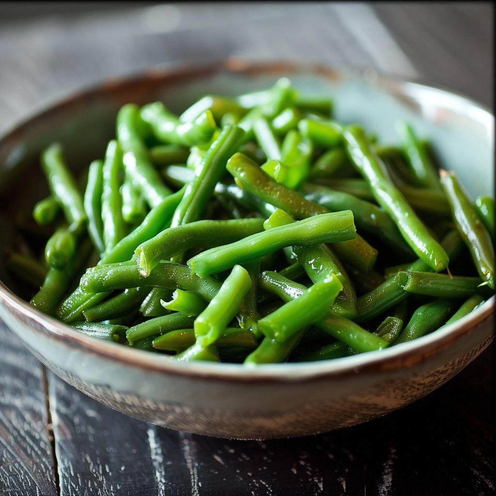 Delicious green bean casserole with crispy onion topping in a rustic dish.