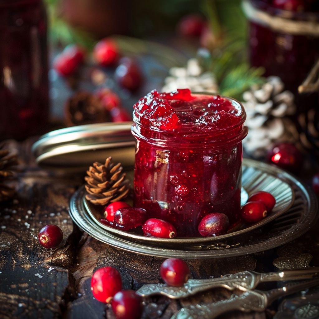 A jar of vibrant cranberry jam beside fresh cranberries and herbs on a rustic wooden table.
