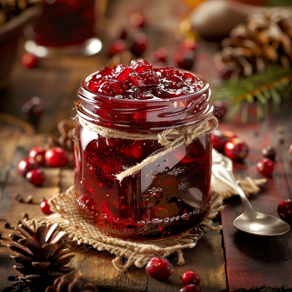 A jar of vibrant red cranberry jam surrounded by fresh cranberries and rosemary sprigs.