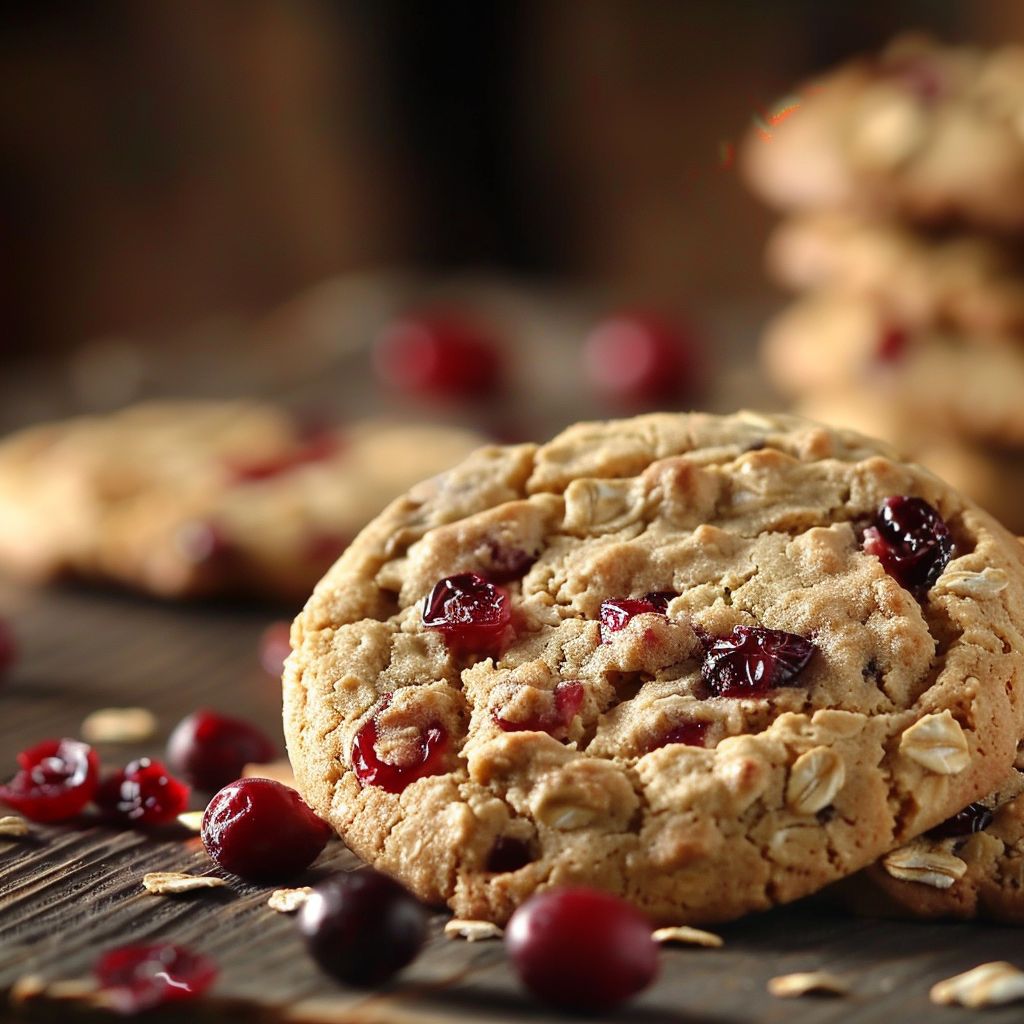 A close-up view of cranberry oatmeal cookies on a wooden surface, showcasing their chewy texture and bright red cranberries.