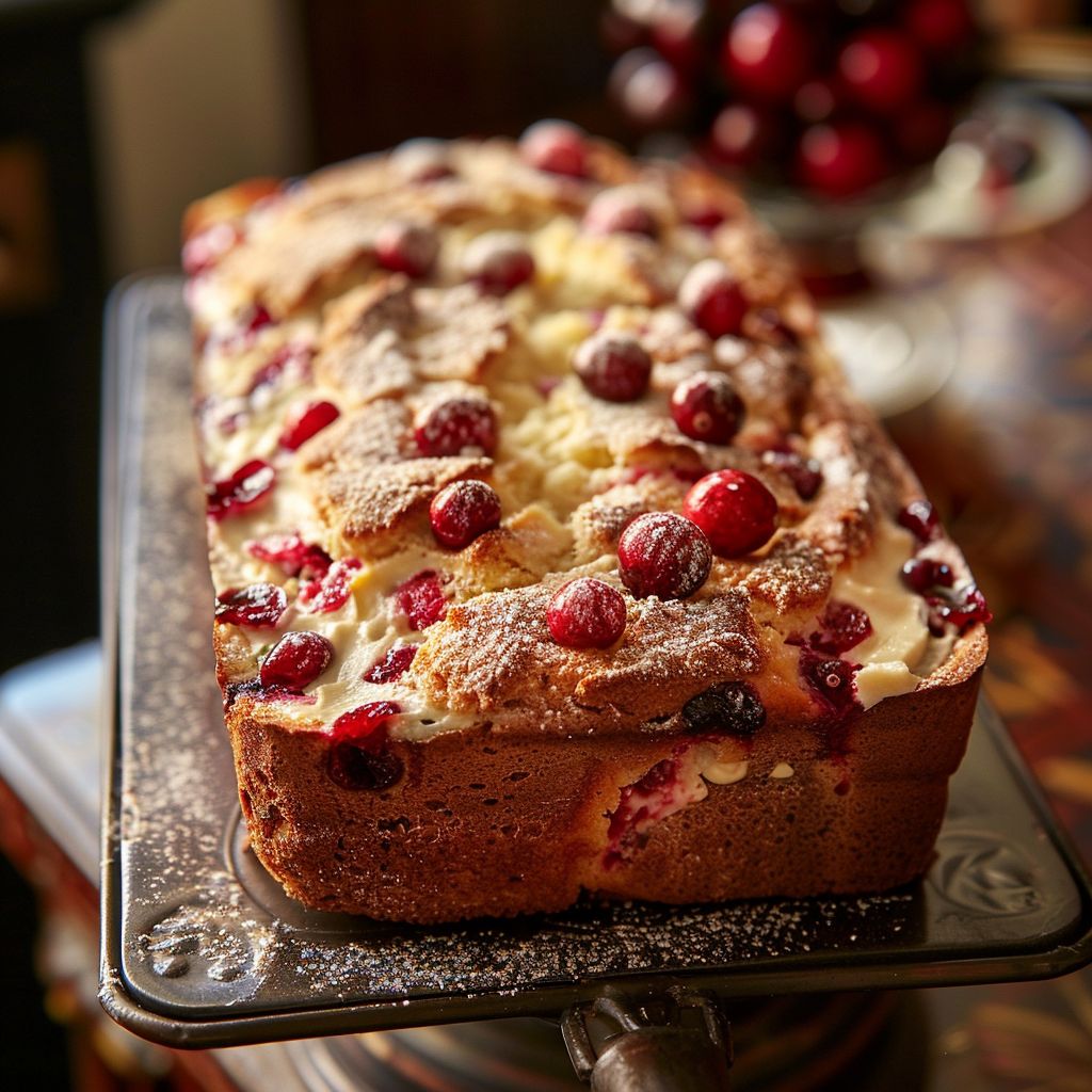 A freshly baked Cream Cheese Cranberry Loaf on a rustic wooden table, showcasing a golden crust and vibrant cranberry bits.