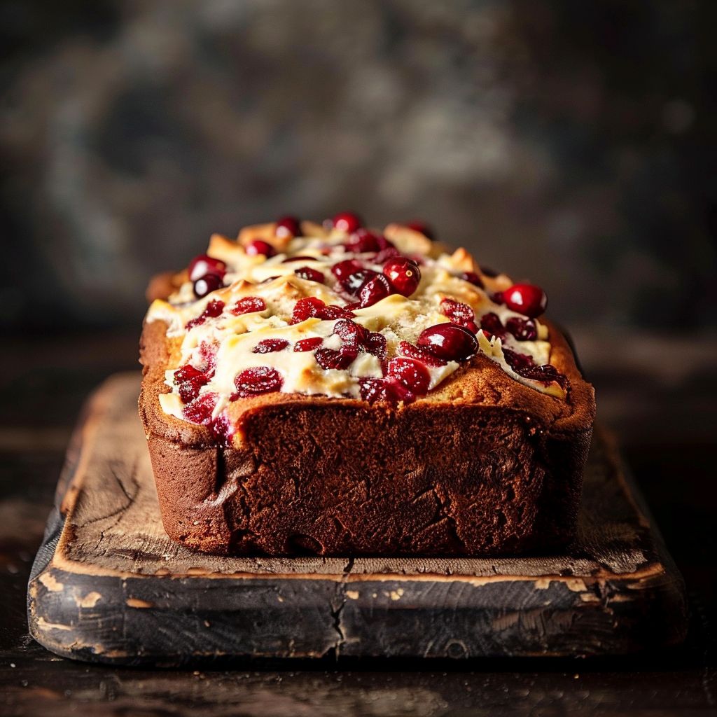 A freshly baked Cream Cheese Cranberry Loaf cut into slices, showcasing its moist texture and vibrant cranberry pieces.