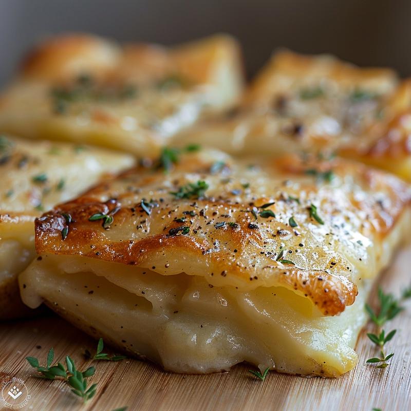 A close-up of creamy French potato casserole with a golden top, resting on a light wood board.