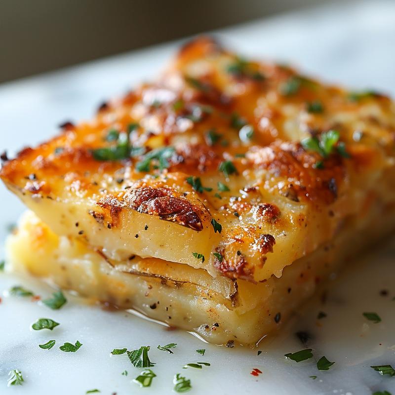 Close-up of creamy potato casserole with a golden crust on a white marble surface.
