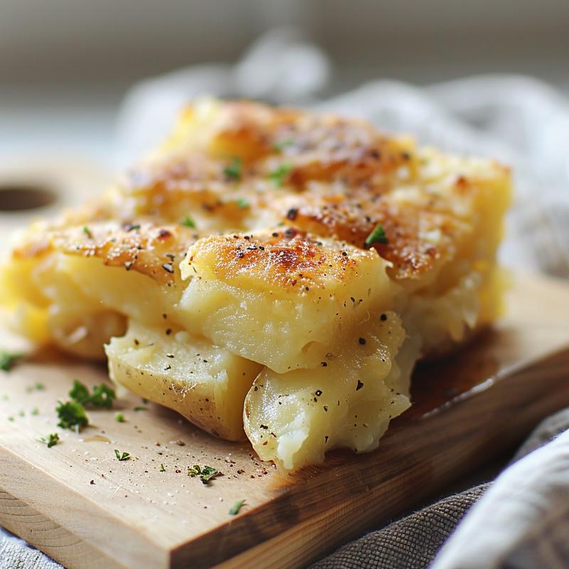 A close-up of creamy French potato casserole with a golden top, resting on a light wood board.